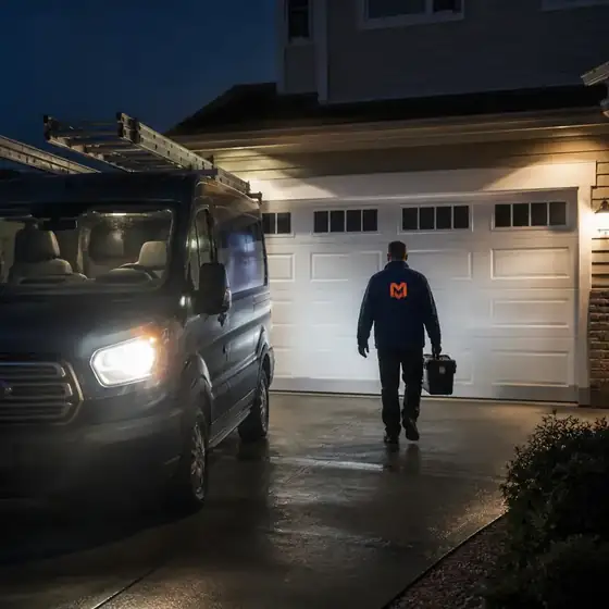 Momentum technician responding at dusk to an off-track, damaged residential garage door