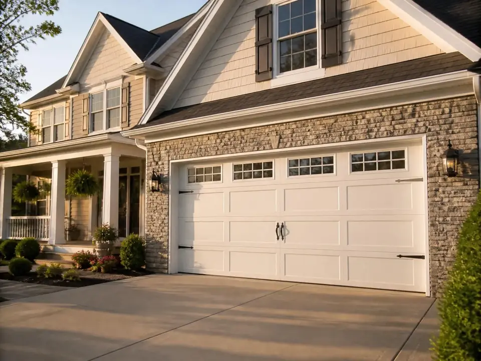 Modern suburban home in the Charlotte NC area with a clean white carriage-style sectional garage door