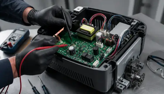 Technician using a multimeter to repair a garage door opener control logic board