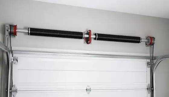 Standard residential garage door torsion spring system with two black torsion springs on a steel shaft
